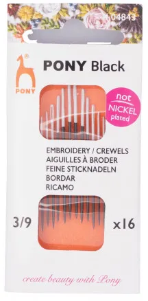 Pony Black Embroidery Needles Size 3/9 - 16 pcs