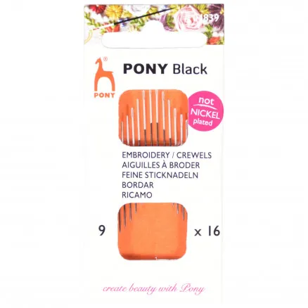 Pony Black Embroidery Needles Size 9 - 16 pcs